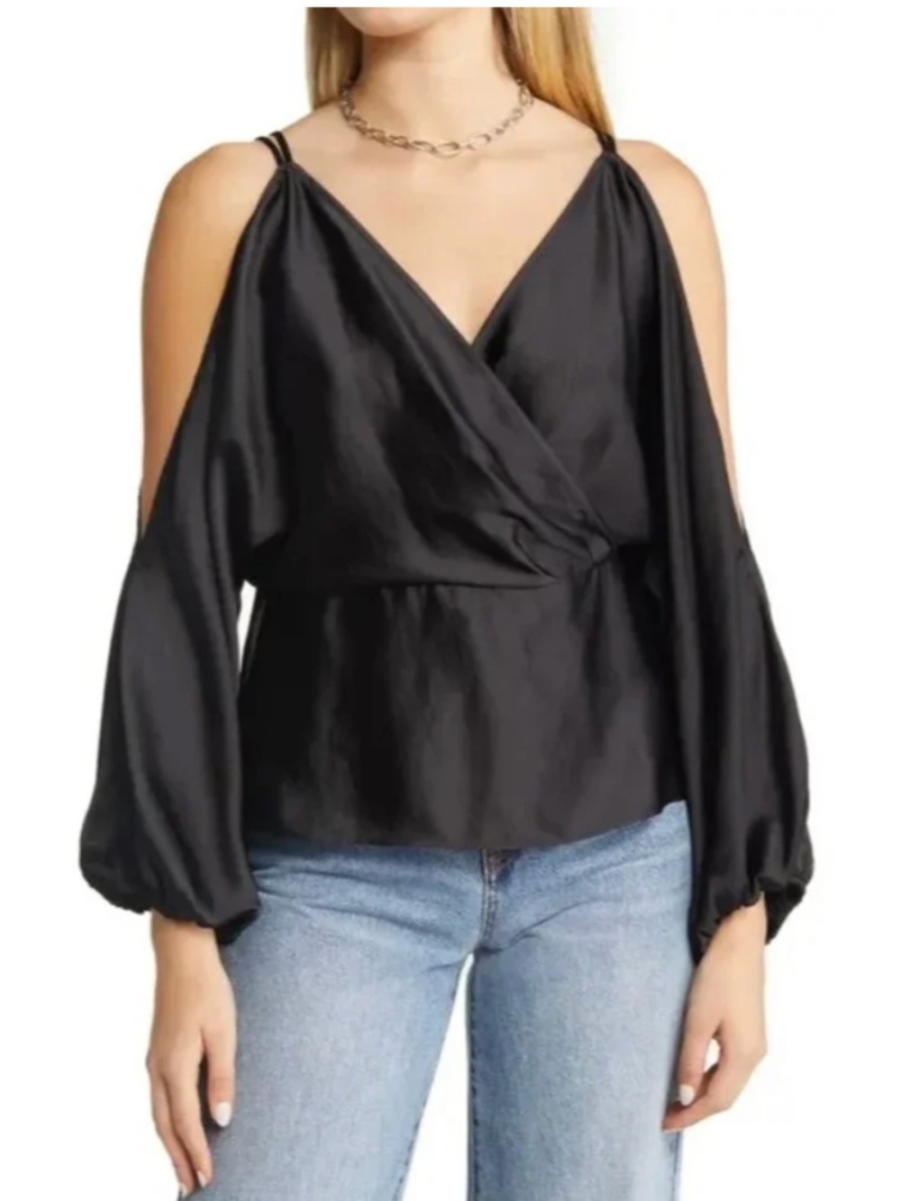 NWT Halogen Nordstrom Cold Shoulder Long Sleeve Hammered Satin Top Black Size XL